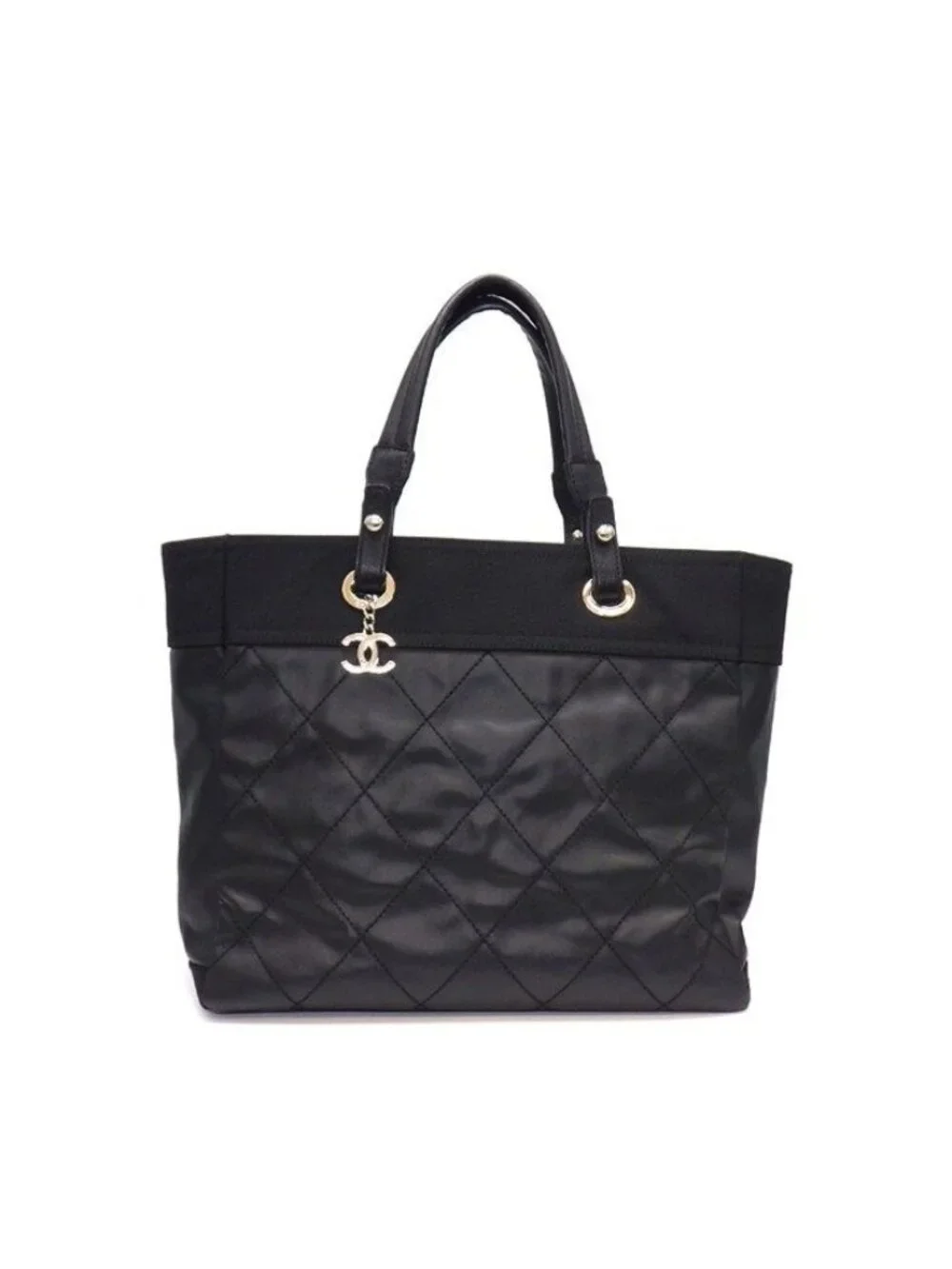 Chanel Tote Paris Biarritz MM Black Leather Silver